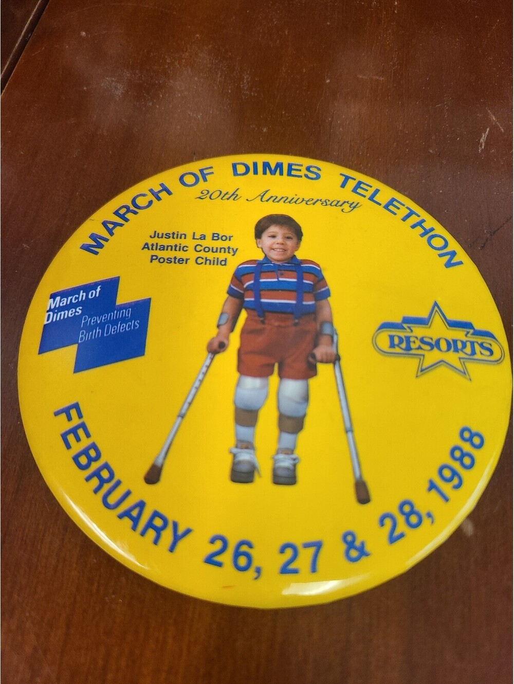 March of Dimes 20th Anniversary Telethon Pinback Button Vintage 1988